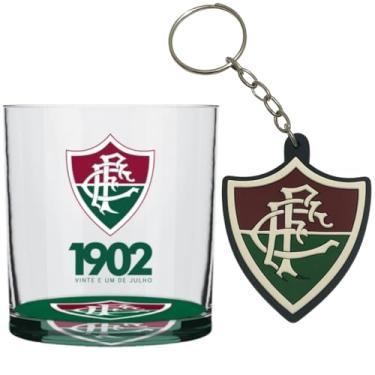 Imagem de Kit Copo Vidro Rocks Personalizado Time Libertadores Bebida Whisky Caipirinha 305ML + Chaveiro Emborrachado (Verde Fluminense, Fluminense Tricolor)