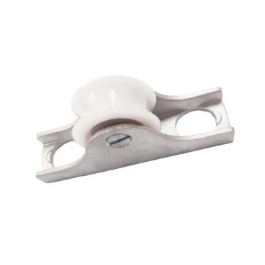 Imagem de Roldana Nylon Branca Maciça 50mm (2) Para Cano 1-2 - Suporte Alumínio Furado