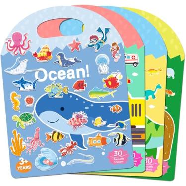 Imagem de iGetooy 4 conjuntos de livros de adesivos para crianças a partir de 3 anos, 122 peças de adesivos inchados 3D, brinquedos de viagem, itens essenciais de viagem de avião para crianças