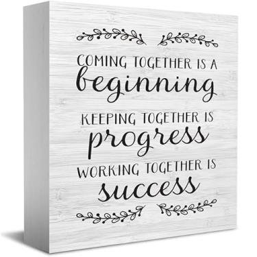Imagem de fzu Coming Together Is A Beginning Keeping Together Is Progress Sinal de caixa de madeira decoração de casa rústica fazenda caixa de madeira placa bloco placa para parede mesa mesa decoração de casa