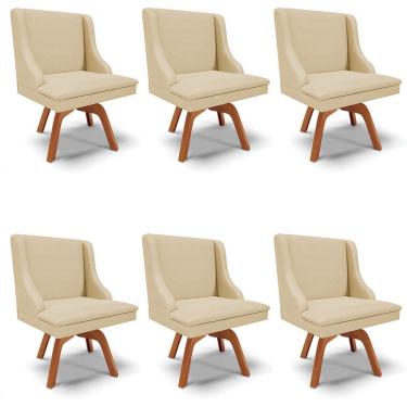 Imagem de Kit 6 Cadeiras Estofadas Base Giratória de Madeira Lia Veludo Off White Luxo - Ibiza