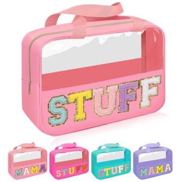 Imagem de Bolsa de maquiagem e cosméticos Iqimott Chenille Letter Patch rosa
