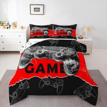 Imagem de Conjunto de edredom para meninos, crianças, tamanho king, estampa de console de videogame, reversível, com 2 fronhas, cinza, gamepad 3D, vermelho e preto, para quarto de meninos e adolescentes