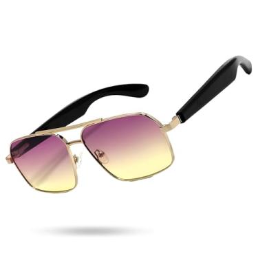 Imagem de Óculos de sol inteligentes para homens/mulheres, Bluetooth 5.4, UV400 com microfone embutido e alto-falantes abertos, leves, controle de voz (armação dourada + lente roxa)