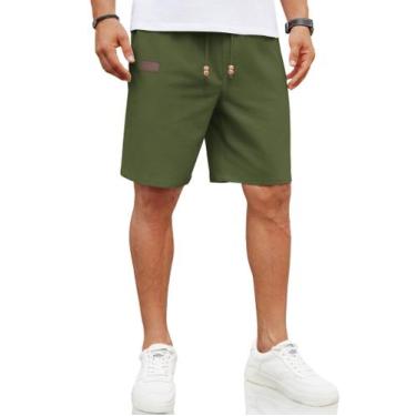 Imagem de Shorts masculinos COOFANDY, de linho, casuais, elásticos, verde milita