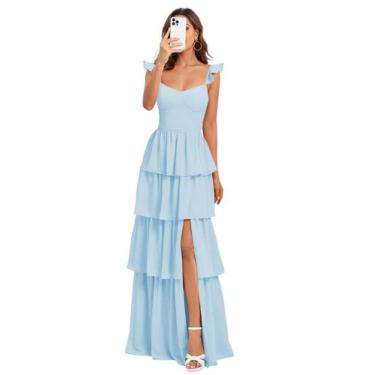 Imagem de Vestido de dama de honra Dessiny Long Sky Blue Chiffon Aline US28W
