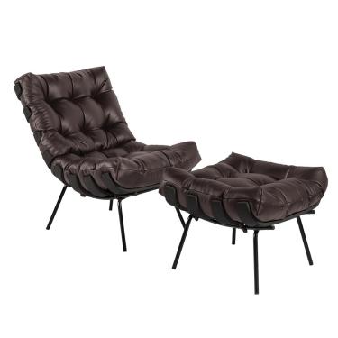 Imagem de Poltrona e Puff Decorativos Sala de Estar Costela Base Preta Couro Marrom - Gran Belo