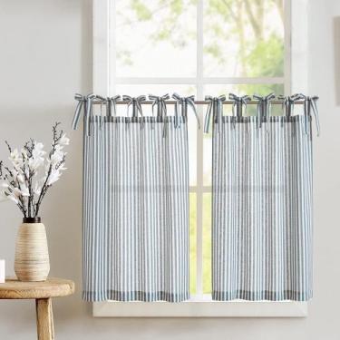 Imagem de Cortinas de cozinha jinchan Tie Top Linen 36 cm de comprimento, azul, 