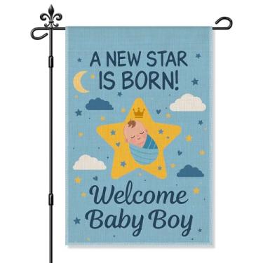 Imagem de Xipromi Welcome Baby Boy Blue Garden Flag, engraçado anúncio de nascimento recém-nascido decoração de quintal, sinal de jardim It's A Boy Yard, presentes de chá de bebê, varanda gramado ao ar livre