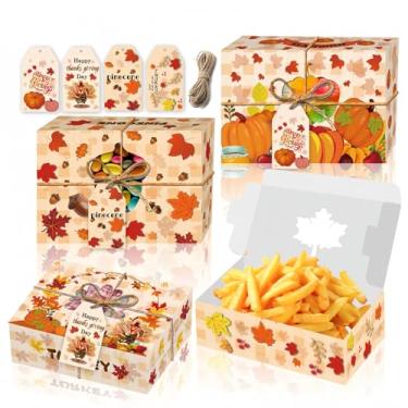 Imagem de YVAINE 24 caixas de biscoito de outono de ação de graças com etiquetas de presente corda de cânhamo, janela em forma de folha de bordo, presente de papelão, caixas de padaria para colheita, presente