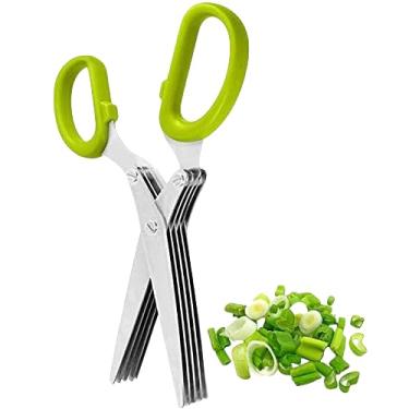 Imagem de Tesoura de ervas de cozinha, tesoura de alimentos multiuso, 5 lâminas de aço inoxidável e tesoura de cozinha de cobertura de segurança para cortar cebolinha, legumes, salada, couve, tesoura de erva