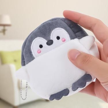 Imagem de Carteira feminina fofa de desenho animado de pelúcia macia bolsa pequena para mulheres pinguim animal zippper cartão de dinheiro estojos, Cinza, Desenho animado