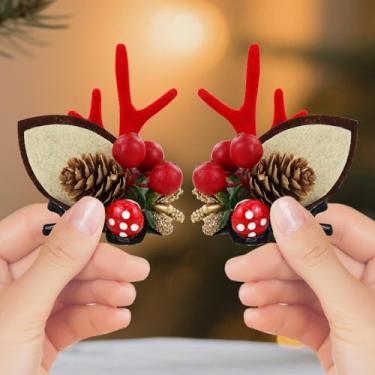 Imagem de 2 peças de grampos de cabelo de Natal para mulheres, acessórios práticos de cabelo de férias com chifres de rena, acessórios de cabelo fofos de Natal para festas, reuniões de férias e cabines de fotos