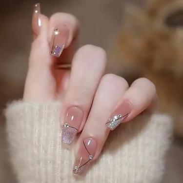 Imagem de Kit de unhas de pressão de caixão médio rosa nude cola falsa conjunto de unhas com design de glitter cobertura completa bastão falso artificial em unha de acrílico para mulheres 24 peças