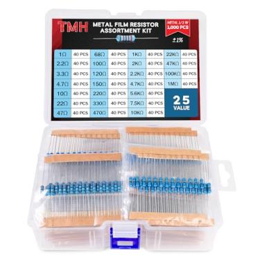 Imagem de TMH Kit de resistores de filme metálico de 1000 peças – 1/2W ± 1% de tolerância, 25 valores (1Ω–1MΩ) conjunto de resistores sortidos para eletrônicos DIY, projetos Arduino, reparo de circuito e