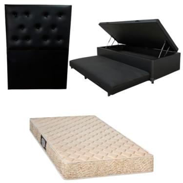 Imagem de Cama Box Baú Solteiro com Auxiliar (Bicama) + Colchão de Espuma Toulon D33 | Kit Completo com Cabeceira Botonê Opcional | Diversas Cores (3, CORINO PRETO, COM CABECEIRA)