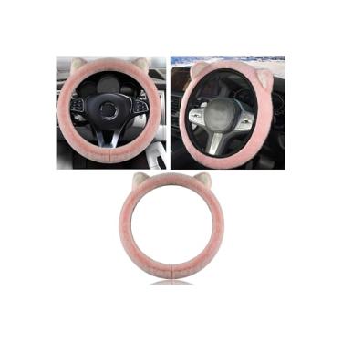 Imagem de Couslcd Capa de volante de carro, protetor de volante fofo com orelhas de gatinho, pelúcia macia e fofa para aquecer o inverno, ajuste universal de 38 cm para carro, SUV, elástico e antiderrapante