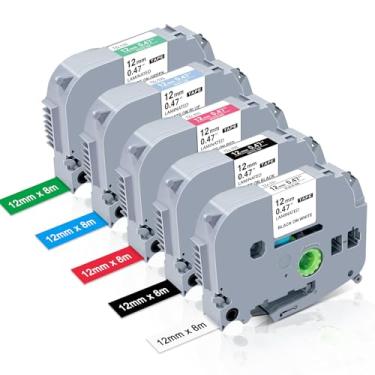 Imagem de 5 fitas de substituição TZ multicoloridas para Brother P Touch Label Tape TZe 12 mm 0,47 Fita colorida laminada TZe 231-735 Branco/preto/vermelho/azul/verde para Brother Ptouch PTD210 PTP300BT PTD600 PT1280