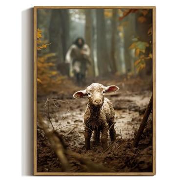 Imagem de ZZTCYSU Arte de parede em tela Jesus arte de parede emoldurada cristã Jesus correndo após o cordeiro perdido impressão bíblica moderna arte religiosa para sala de estar quarto igreja 40.6 cm x 61.0 cm