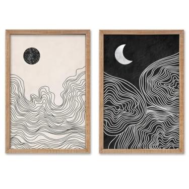 Imagem de SRSZHIYUE Decoração de parede preto e branco sol lua 16x11 polegadas 2 peças minimalista boho meados do século abstrato para quarto arte de parede pendurada (madeira)