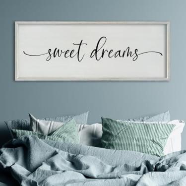 Imagem de SRSZHIYUE Decoração de parede Sweet Dreams acima da cama 101.6 cm x 38.1 cm placa principal sobre a cama moldura de madeira para quarto de hóspedes (branco)