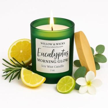 Imagem de Willow & Wicks Vela Eucalyptus Morning Glow – Vidro verde de 200 ml | Eucalipto fresco, limão e alecrim | Vela de aromaterapia com cera de soja | Herbal e energizante (verde)