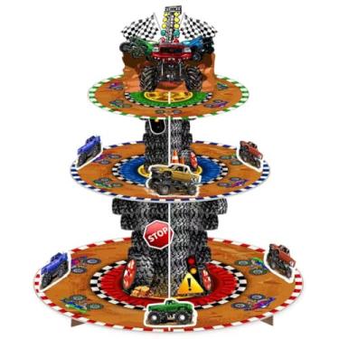 Imagem de GOUHOOM Suporte de cupcake Monster Truck, suporte de cupcake de 3 camadas, torre de cupcake, decoração de aniversário de carros para festas, topo de bolo Monster Truck para meninos