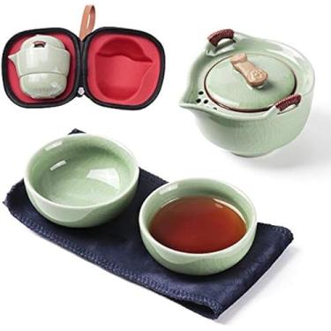 Imagem de Conjunto de chá de viagem de cerâmica, 1 bule de chá, 2 xícaras de chá, estilo Kung Fu chinês, uso interno e externo com bolsa de transporte