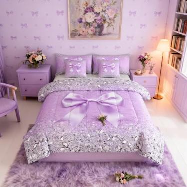 Imagem de Jogo de cama de casal com laço de fita fofo, 7 peças, conjunto de cama de casal em um saco, conjunto de cama de diamante com glitter cinza, princesa roxa, estilo princesa sonhadora, kawaii, geométrico