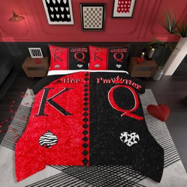 Imagem de Erosebridal Conjunto de edredom King para casal, preto e vermelho, com coroa de rei e rainha romântica para dia dos namorados, presentes de casamento, coração de amor, leopardo, para quarto