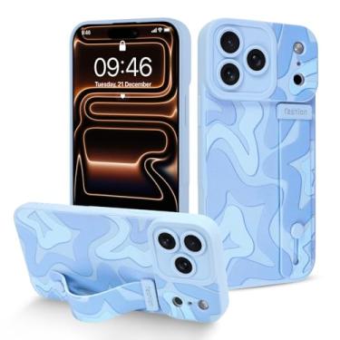 Imagem de Fiyart Capa projetada para iPhone 17 Pro Max com alça de pulso, linda moda irregular listrada estrela para mulheres meninas Slim TPU à prova de choque bumper 17.5 cm - azul