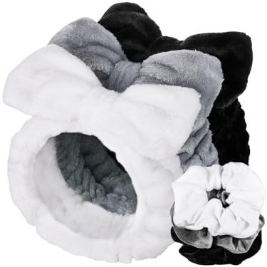 Imagem de LEOBRO Faixa de cabeça de spa para cuidados com a pele e maquiagem, faixa para mulheres adolescentes para lavar o rosto, com elásticos de cabelo, preto, branco e cinza