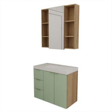 Imagem de Conjunto de Gabinete e Armário de Banheiro com Espelho Vittare III 3 Portas 3 Gavetas Carvalho e Verde