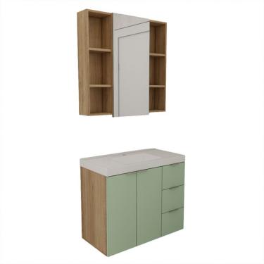 Imagem de Conjunto de Gabinete e Armário de Banheiro com Espelho Vittare II 3 Portas 3 Gavetas Carvalho e Verde
