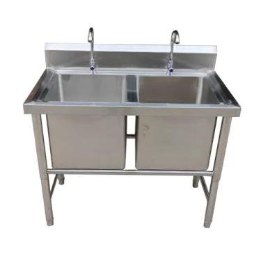 Imagem de Pia de cozinha de aço inoxidável de tigela dupla, banheiras e drenagem de estação de lavagem, pia utilitária (100 x 70 x 80 cm/39,3 x 27,5 x 31,4 pol, profundidade: 40 cm/15,7 pol.)