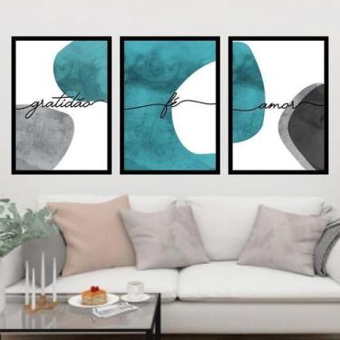 Imagem de Kit 3 Quadros Gratidão, Fé, Amor - Turquesa 33X24Cm Preta - Quadros On