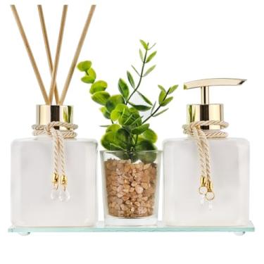 Imagem de Kit Aromatizador Banheiro Dourado 250ml com Bandeja, Vaso Decorativo e Saboneteira Luxo