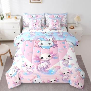 Imagem de Erosebridal Jogo de cama com axolote rosa e azul, 7 peças, romântico, amor, axolotl, fofo, kawaii, para crianças, meninos, meninas, conjunto de lençol solteiro moderno com edredom