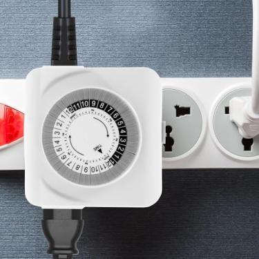 Imagem de 1/2 peças 3 pinos temporizador tomada mecânica interior temporizador plugue com 2 tomadas, plugues de luz elétrica plug-in 25 horas para luz de palco, economia de energia