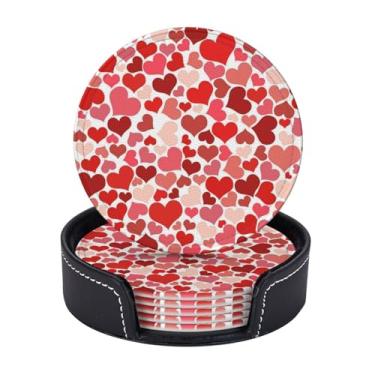 Imagem de BOXIMIAO Porta-copos com suporte, conjunto de 6, porta-copos absorventes de couro PU para decoração em forma de coração com base de cortiça, porta-copos redondos para decoração de casa, apartamento