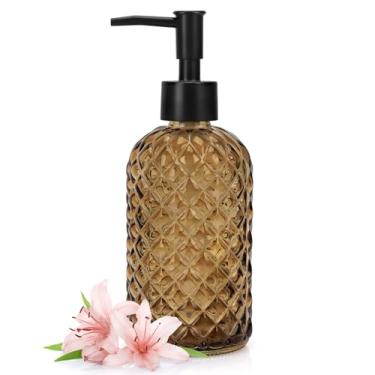 Imagem de Dispensador de sabão de vidro de 382 g com bomba de plástico, dispensador de sabão de mão recarregável com design de diamante para lavar as mãos, banheiro e cozinha (âmbar)