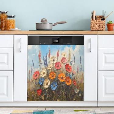 Imagem de ATTX Flores silvestres pintura a óleo capa ímã máquina de lavar louça, 58.4 cm C x 66.0 cm A decoração frontal da capa da máquina de lavar louça, decalques de armário doméstico eletrodomésticos