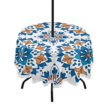 Imagem de GUIJI Toalha de mesa redonda com 3 padrões étnicos de azulejo para uso ao ar livre com orifício para guarda-chuva e zíper para sala de jantar, festa, piquenique ao ar livre - 152 cm