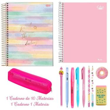 Imagem de Kit Papelaria Fofa Donuts Master 1 Caderno 10 Materias Canetas Estojo 