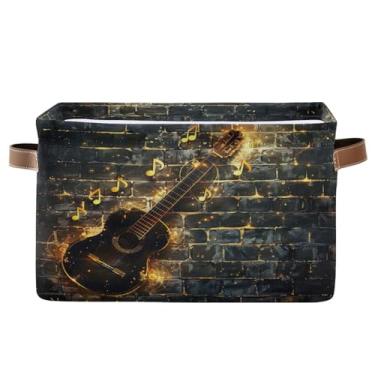 Imagem de Wassud Caixa de armazenamento de lona dobrável de guitarra preta com alças, cesta organizadora dobrável para armário, banheiro e decoração de casa, 35 x 25 x 20 cm, pacote com 2