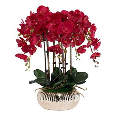 Imagem de Conjunto de flores artificiais, flores artificiais Phalaenopsis com plantador, orquídea artificial grande em vaso, flor falsa para sala de estar