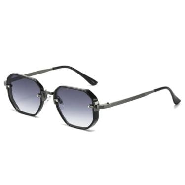 Imagem de HCPIHF Óculos de sol retrô polígono feminino luxuoso fashion com rebites e gradiente uv400 masculino (preto cinza degradê)