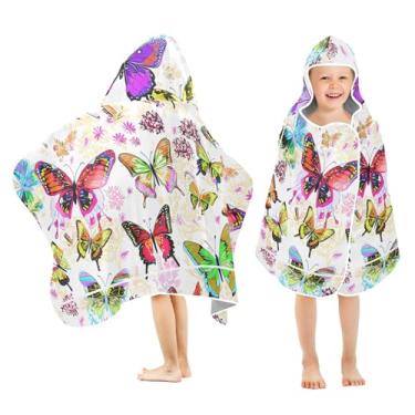 Imagem de Burbuja Toalha de banho com capuz e flores de borboletas coloridas para crianças, toalha de praia de pelúcia macia absorvente para meninas e meninos 3-10 anos, 61 x 127 cm