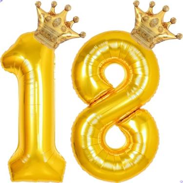 Imagem de 18 balões com números dourados de 101,6 cm para decorações de aniversário de 18 anos para homens e mulheres, balões gigantes de Mylar de 18 anos