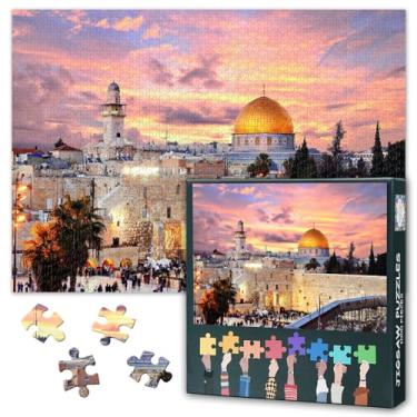 Imagem de Quebra-cabeça de 1000 peças para adultos - Antiga Jerusalém e Israel ao anoitecer, arte vintage, quebra-cabeça de paisagem da cidade antiga, tabuleiro de quebra-cabeça premium para adultos, 69,8 x 50